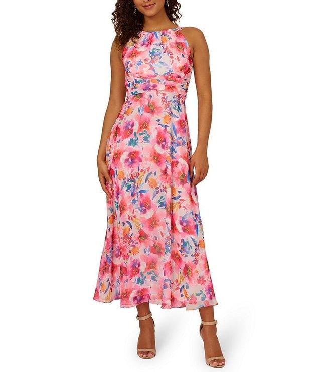 Adrianna Papell Chiffon Floral Print Halter Neck Sleeveless Back Tie Maxi Dress Product Image