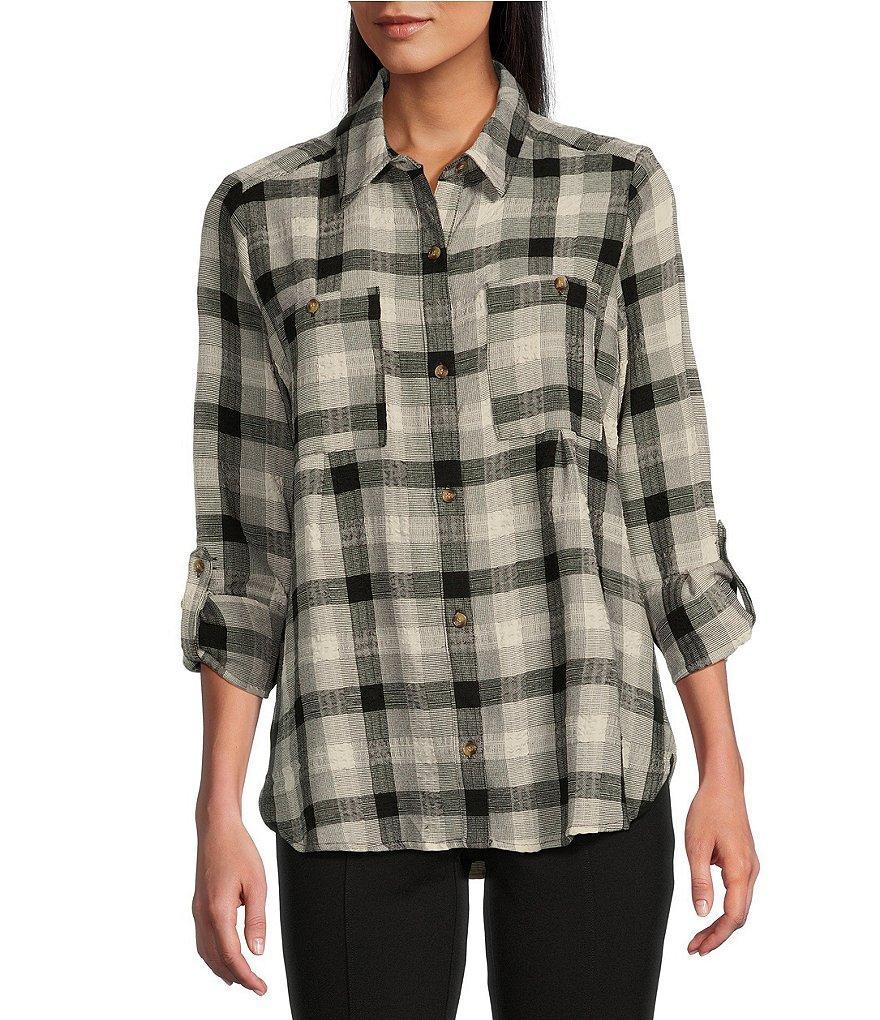 Intro Woven Plaid Print Point Collar 3/4 Roll-Tab Sleeve Button Front Shirt product image