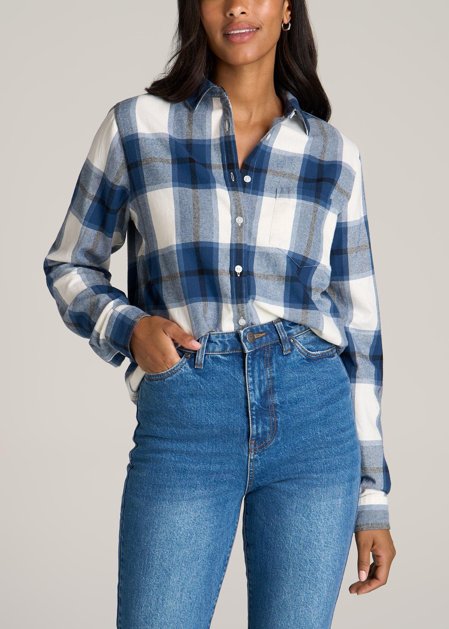 Flannel Button-Up Shirt for Tall Women in Ocean Blue and White Female Product Image