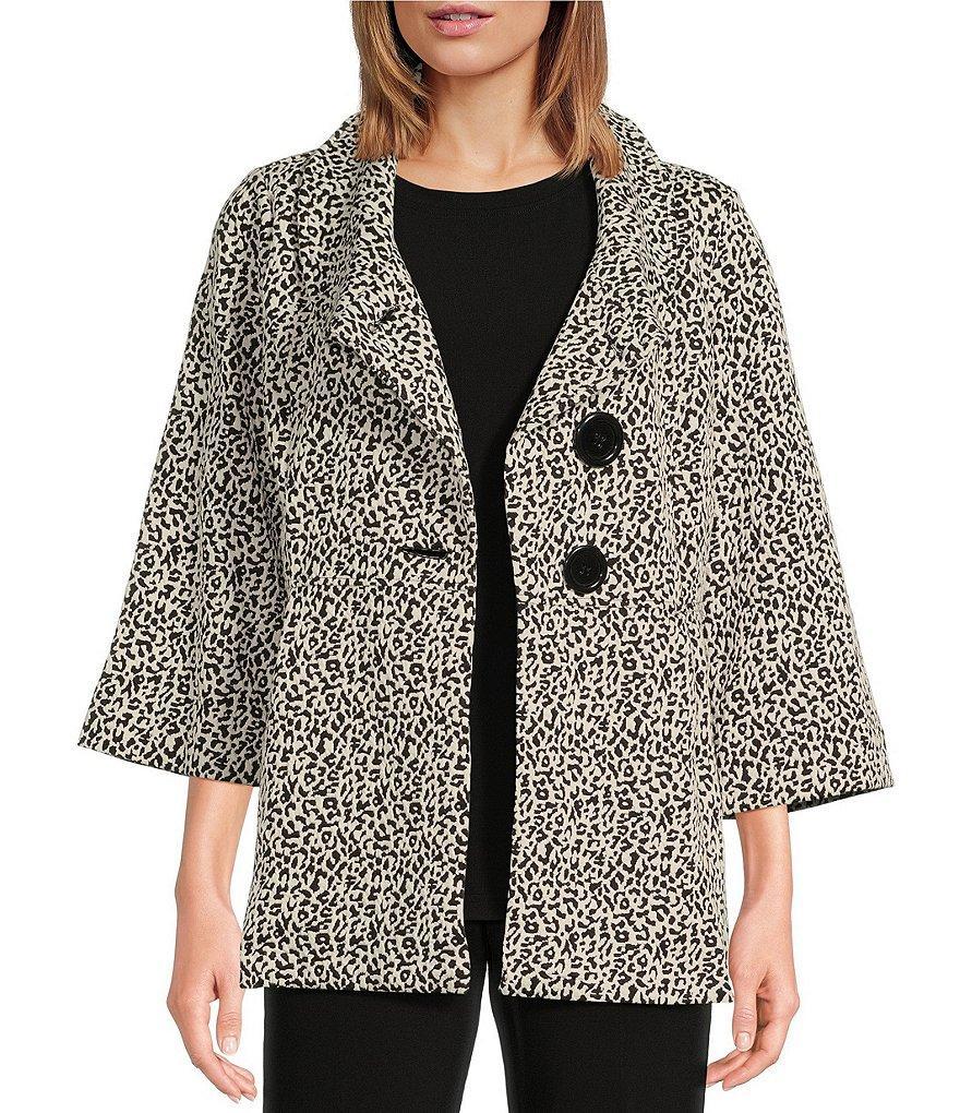 Ali Miles Stretch Jacquard Leopard Print Collared 3/4 Sleeve Button Up Jacket Product Image