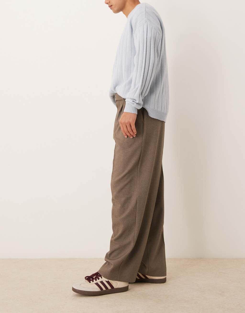 ASOS DESIGN smart wide leg belted pants with front pleats in brown Product Image