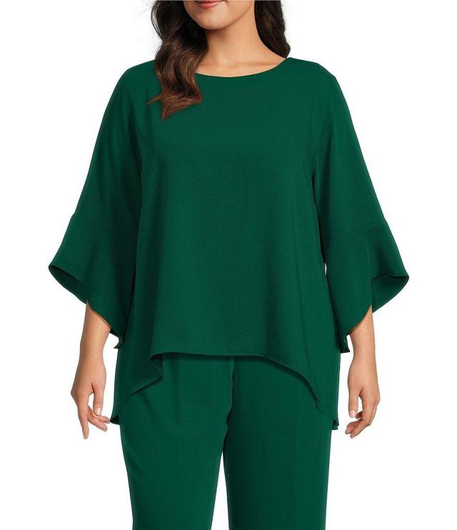 Caroline Rose Plus Size Julia Matte Crepe Round Neck 3/4 Ruffled Sleeve High-Low Hem Top Product Image