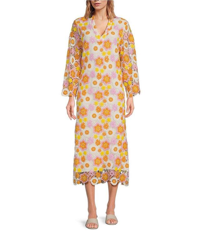 J.Marie Hali Floral 3/4 Sleeve Lace Button Up Mandarin Collar Split V-Neck Midi Dress Product Image