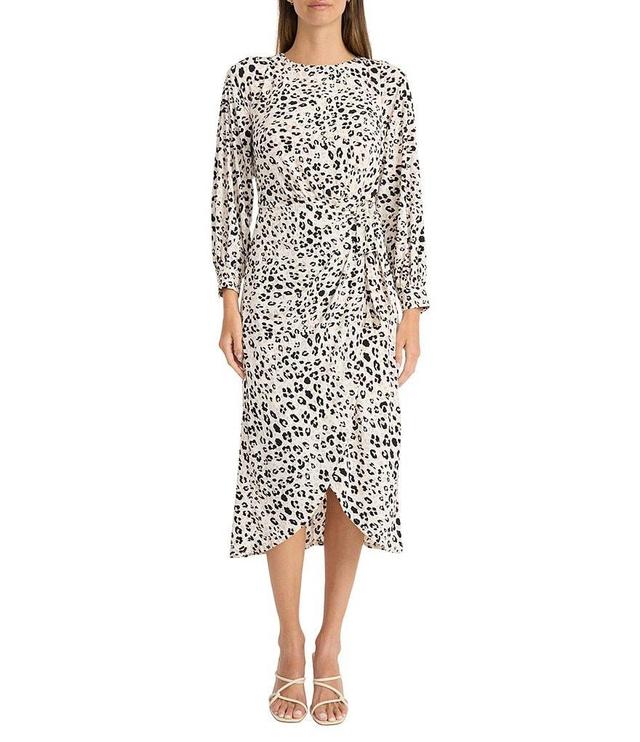 Maggy London Animal Print Crew Neck Long Sleeve Tie Front Tulip Hem Midi Dress Product Image