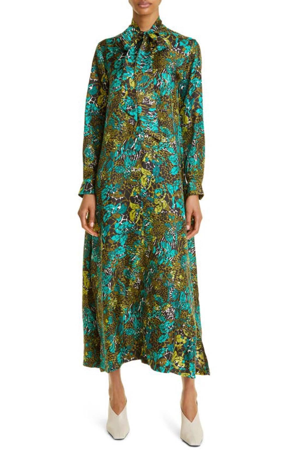 Calate Animal-print Neck-tie Maxi Dress In Olive Green Product Image