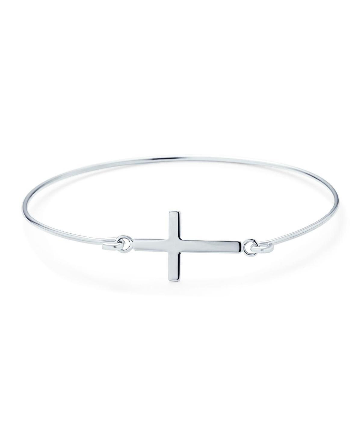 Bling Jewelry Fine .925 Sterling Silver Delicate Simple Religious Inspirational Christian Faith Sideways Cross Bangle Bracelet for Women Teen - Silver Product Image