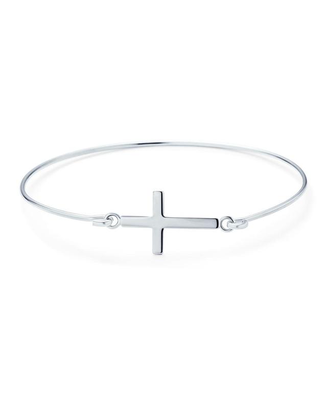 Bling Jewelry Fine .925 Sterling Silver Delicate Simple Religious Inspirational Christian Faith Sideways Cross Bangle Bracelet for Women Teen - Silver Product Image