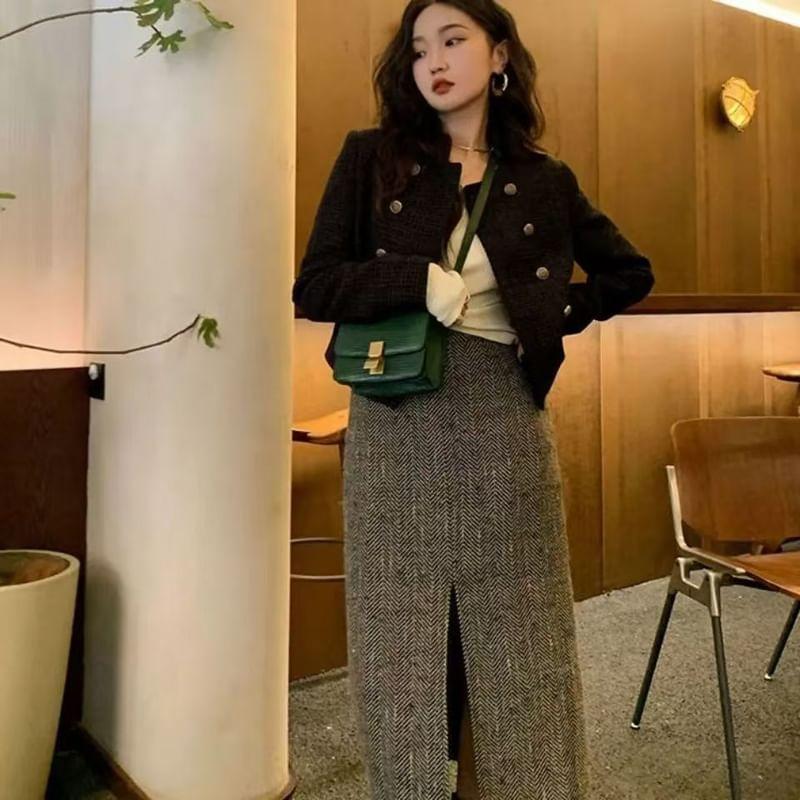 Crew Neck Double-Breasted Tweed Crop Jacket Product Image