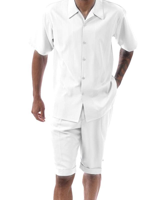 (L) White Tone on Tone Vertical Stripes Walking Suit 2 Piece Short Sleeve Set with Shorts Product Image