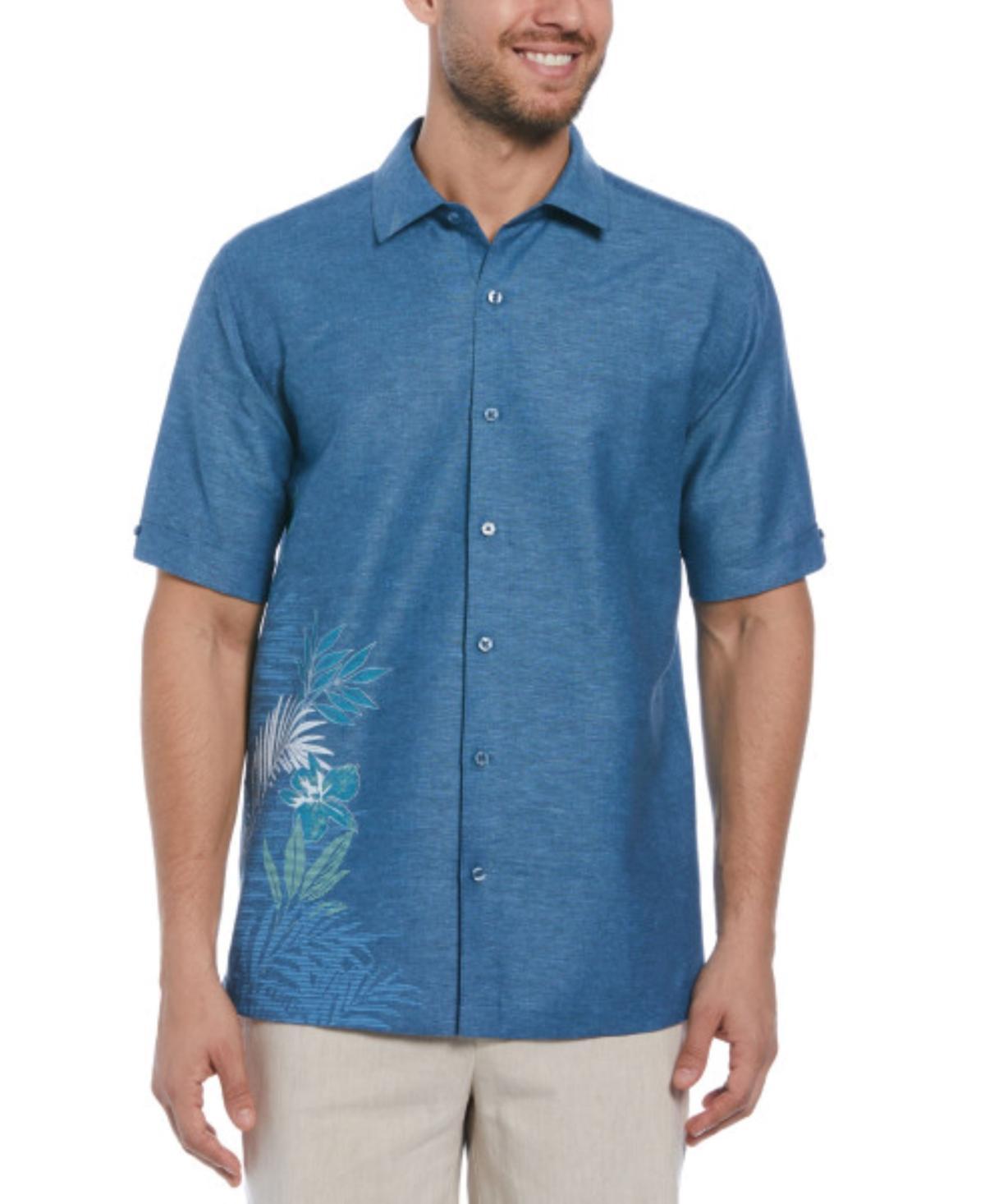 Cubavera Mens Chambray Short Sleeve Tropical Leaf Print Linen Blend Button-Front Shirt Product Image