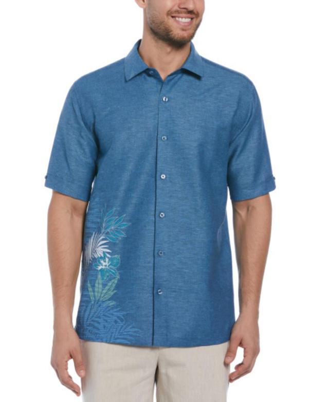 Men's Chambray Short Sleeve Tropical Leaf Print Linen Blend Button-Front Shirt Product Image