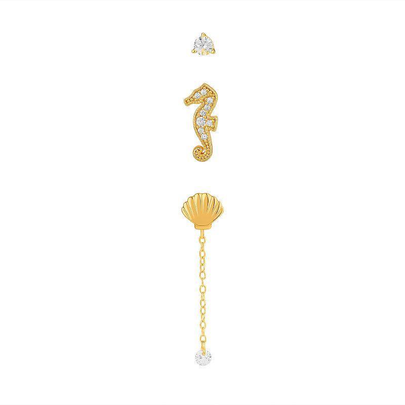 PRIMROSE 18K Gold Over Silver Cubic Zirconia Stud, Seahorse Stud & Shell Stud Chain Drop 3-Pack Single Earrings Set, Womens, Yellow Product Image