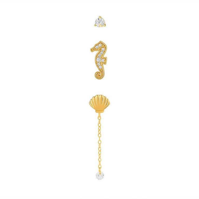 PRIMROSE 18K Gold Over Silver Cubic Zirconia Stud, Seahorse Stud & Shell Stud Chain Drop 3-Pack Single Earrings Set, Womens, Yellow Gold Tone Clear Product Image