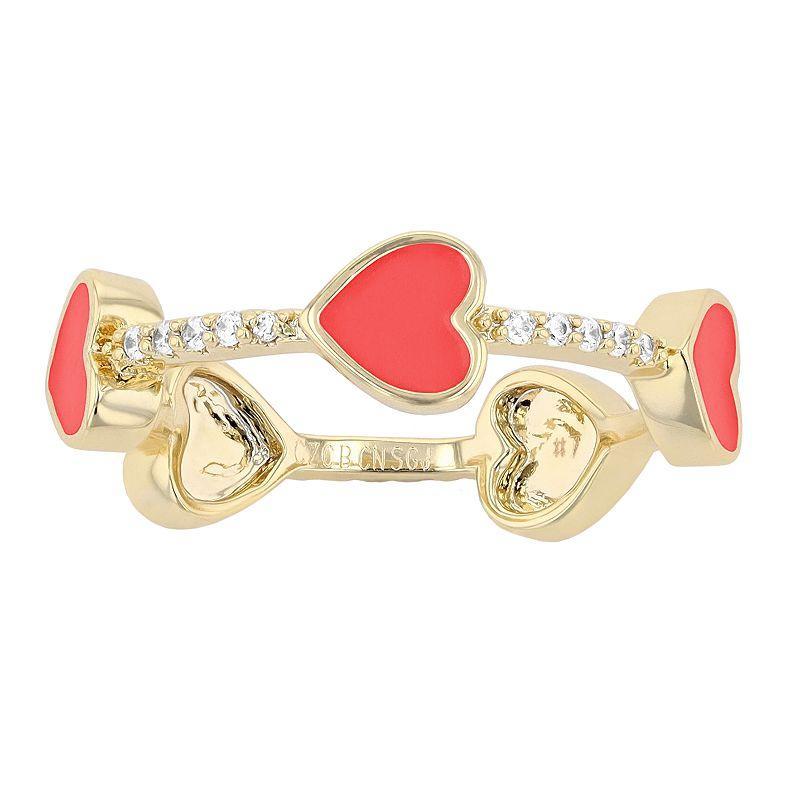 Gold Tone Cubic Zirconia Pink Enamel Heart Stacking Ring, Womens Gold Tone Red Product Image