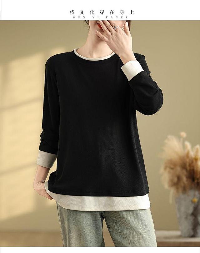 Mock Two-Piece Long-Sleeve Crewneck Two Tone Tee Product Image