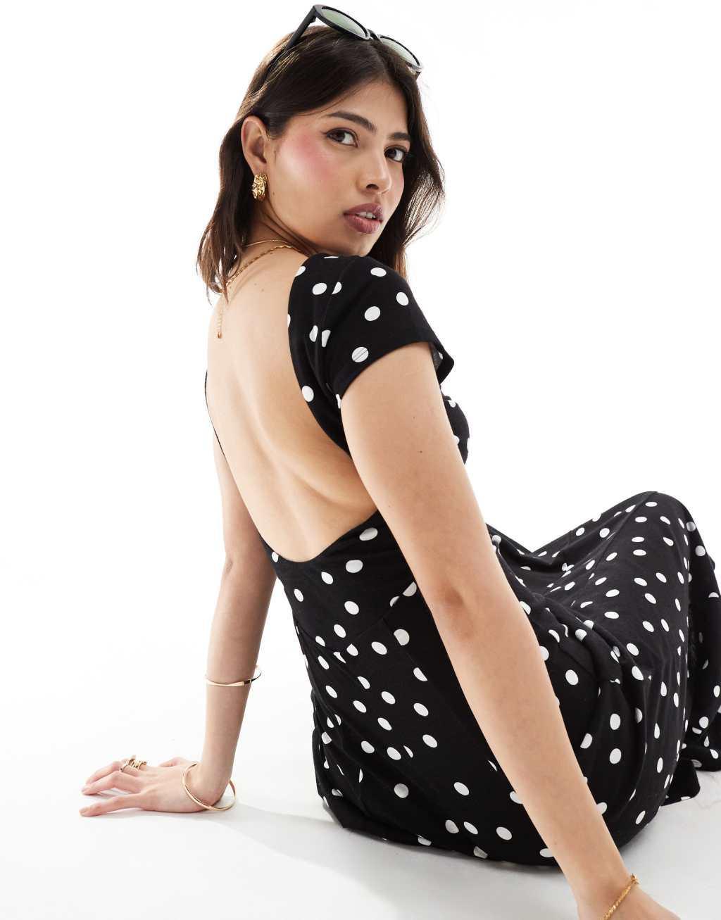 ASOS DESIGN short sleeve low back maxi dress in monochrome polka dot Product Image