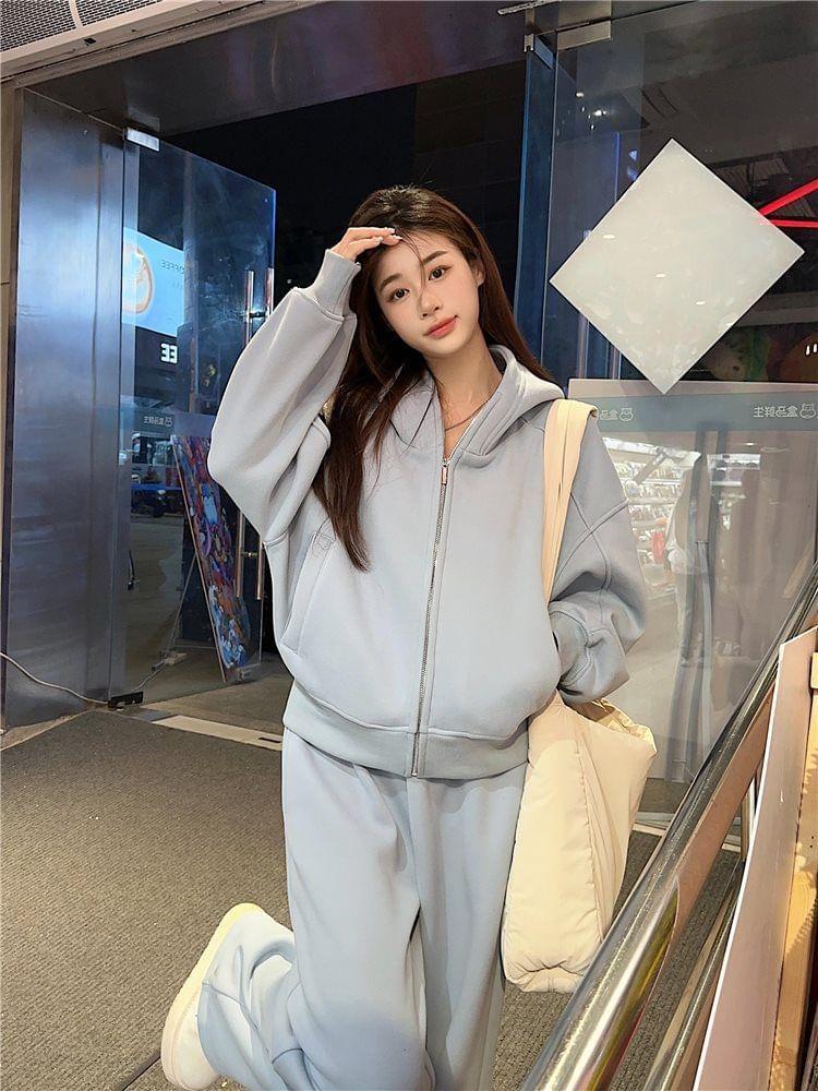 Plain Zip-Up Hoodie / High Waist Wide Leg Sweatpants Product Image