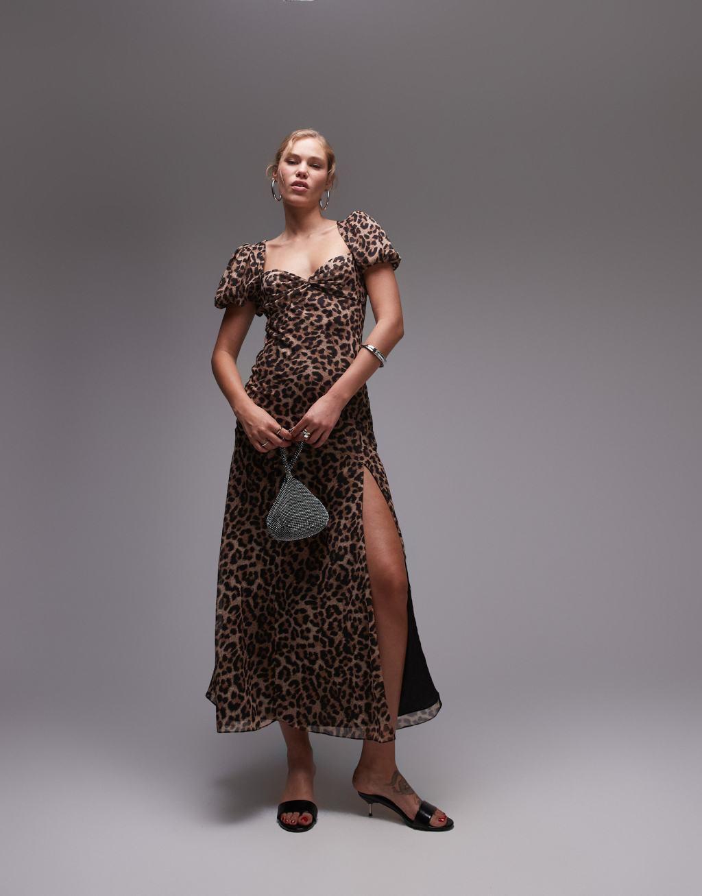 Topshop ruched sleeve occasion dress in animal print Product Image