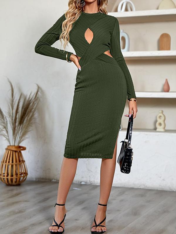 A-Line Long Sleeves Hollow Solid Color Split-Side Round-Neck Midi Dresses Product Image