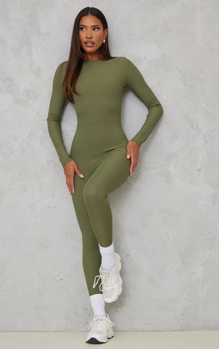 Moss Khaki Rib Long Sleeve Thumb Hole Jumpsuit Product Image