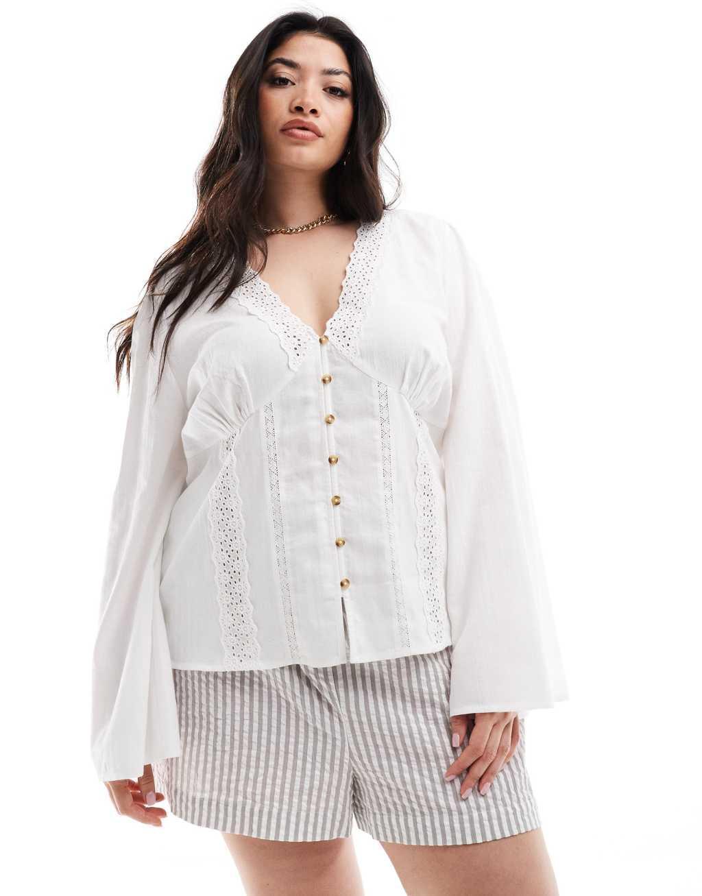 ASOS DESIGN Curve lace insert long sleeve smock top in white Product Image