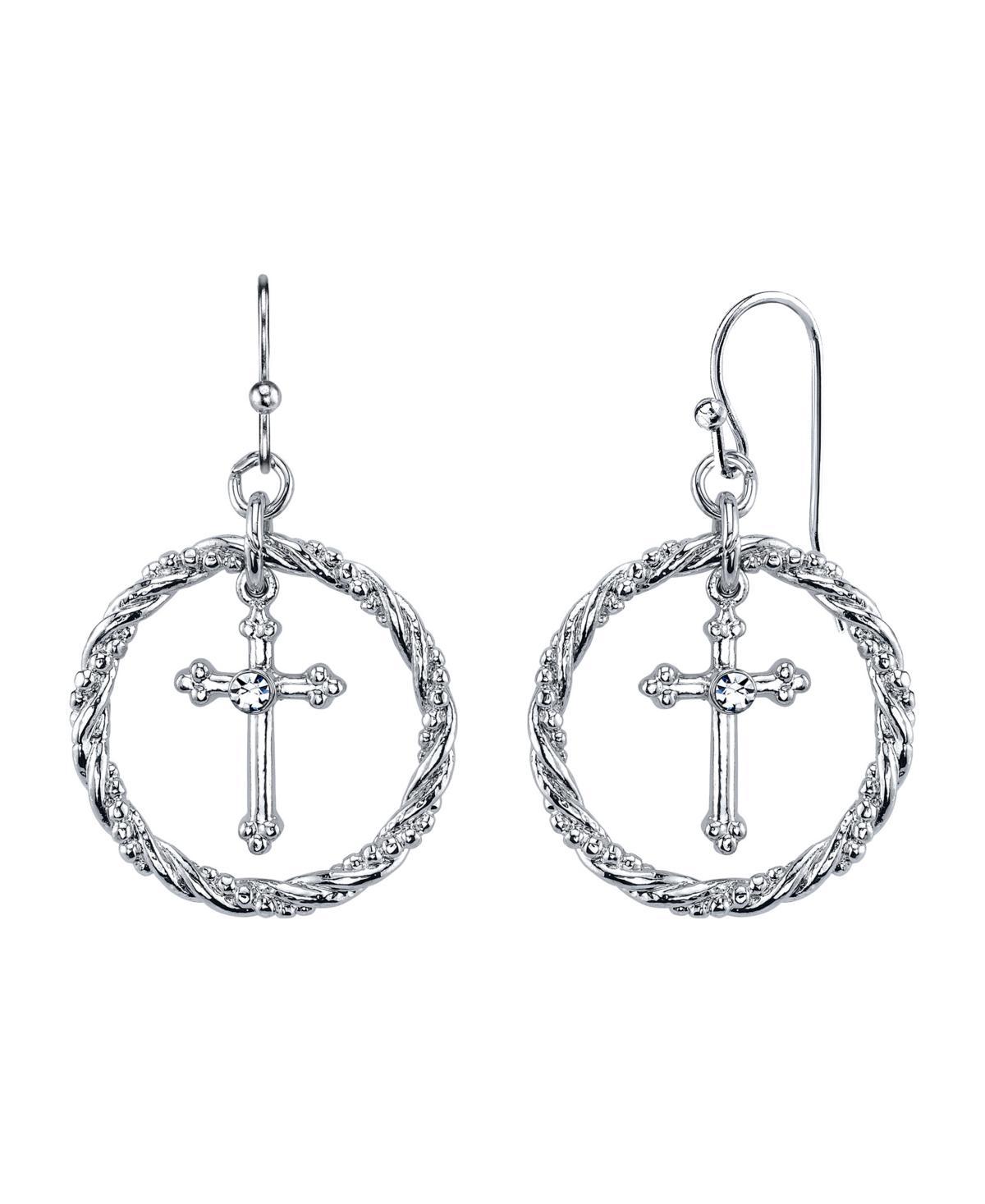 1928 Crystal Cross Hoop Drop Earrings, Womens, Grey Product Image