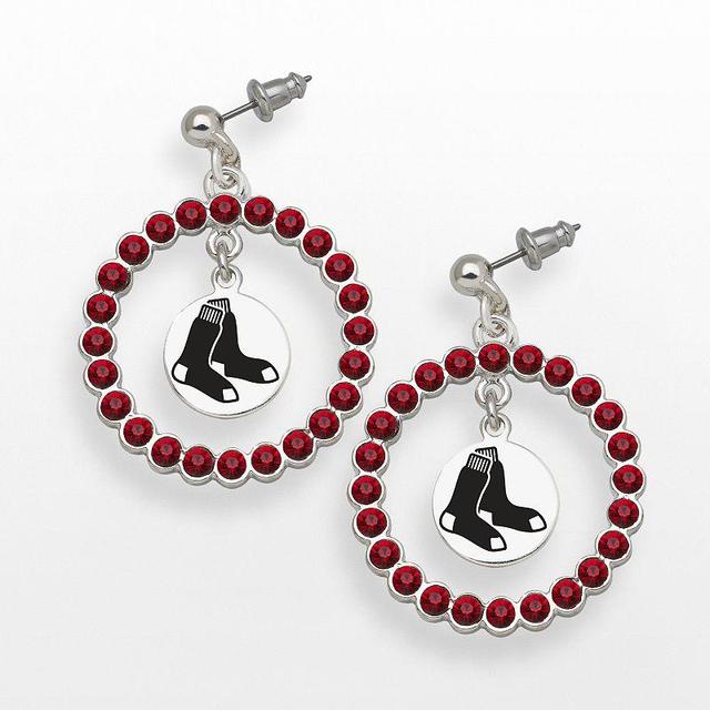 LogoArt Boston Red Sox Silver Tone Crystal Logo Charm Hoop Drop Earrings, Womens Product Image