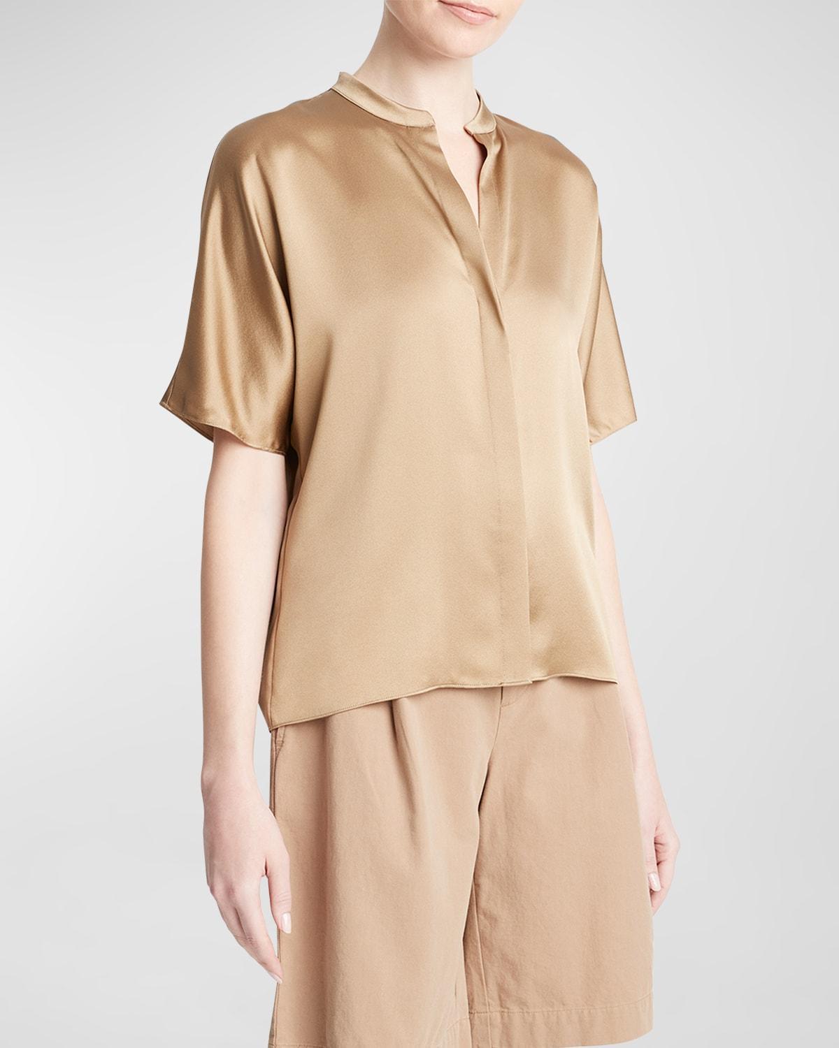 Short-Sleeve Dolman Button-Front Silk Blouse Product Image