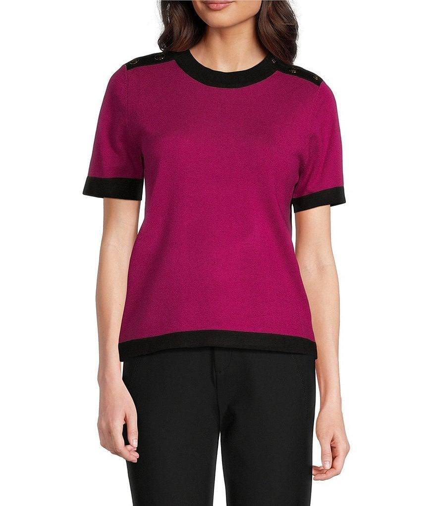 KARL LAGERFELD PARIS Knit Short Sleeve Contrast Trim Epaulettes Scoop Neck Top Product Image