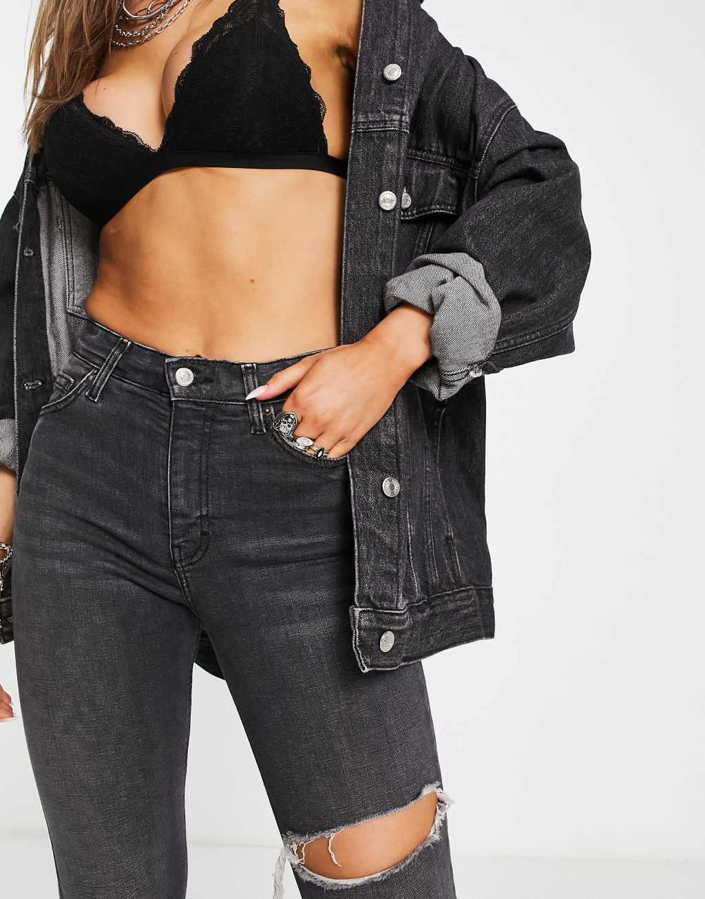 Topshop Jamie jeans with thigh rip in washed black  Product Image