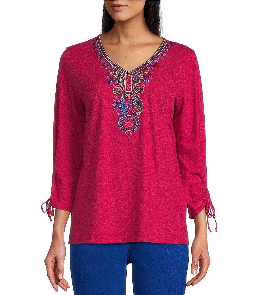 Allison Daley Petite Size Embroidered 3/4 Tie Ruched Sleeve V-Neck Knit Top Product Image