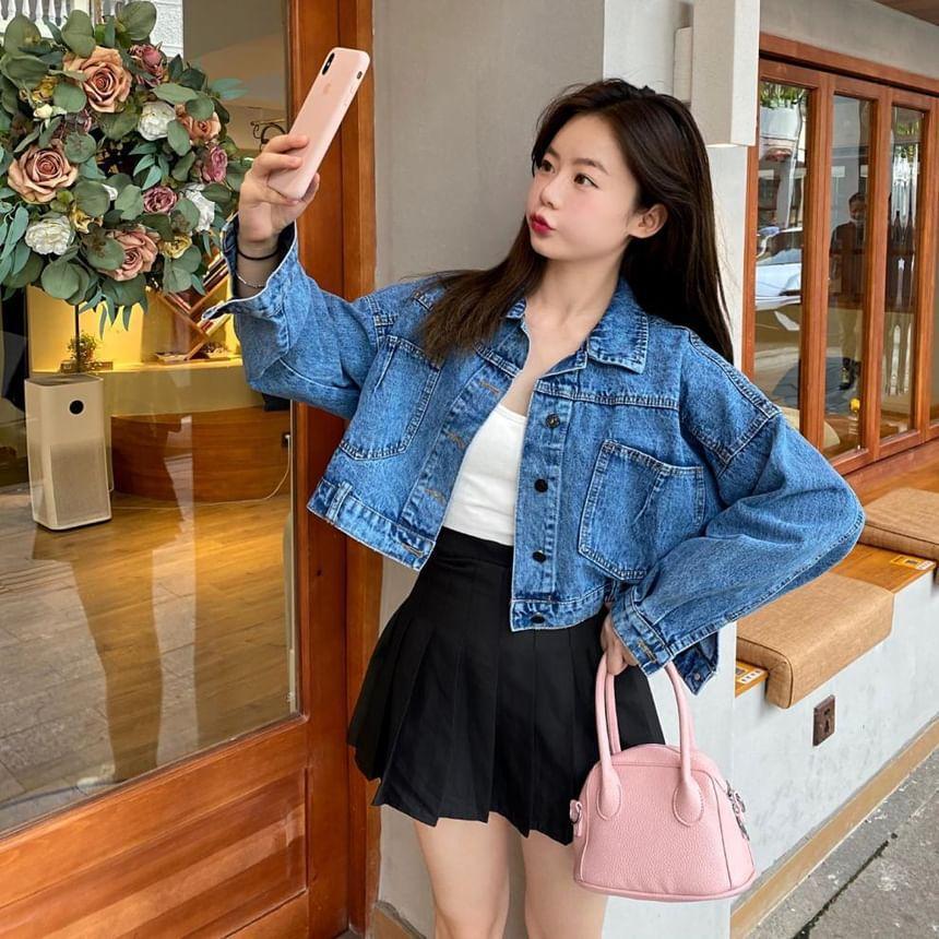 Collar Lace-Up Washed Denim Crop Button Jacket Product Image