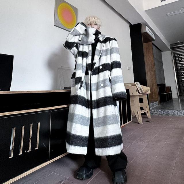 Collared Striped Midi Double Breasted Coat Product Image