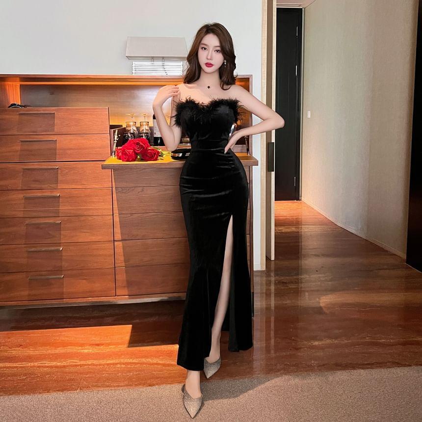 Strapless Fluffy Trim Velvet Slit Bodycon Maxi Dress Product Image