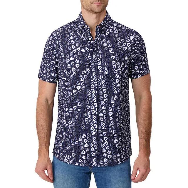 Mens Report Collection Short Sleeve Stretch Tropical Print Woven Button-Down Shirt Blue Product Image