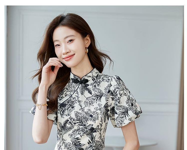 Puff-Sleeve Mock Neck Floral Mini A-Line Dress Product Image