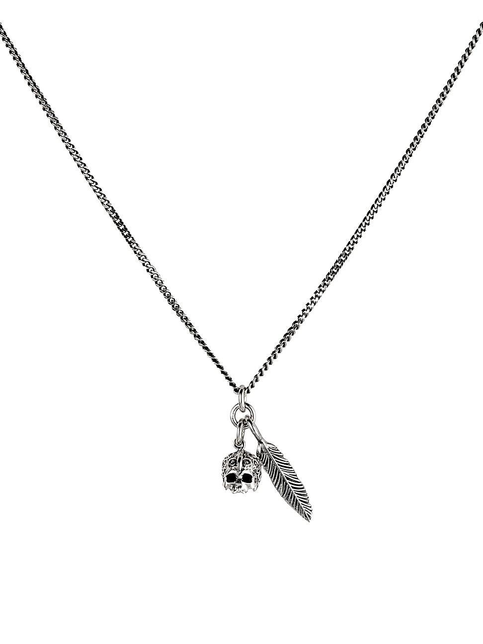 Mens Sterling Silver Feather & Skull Pendant Necklace Product Image