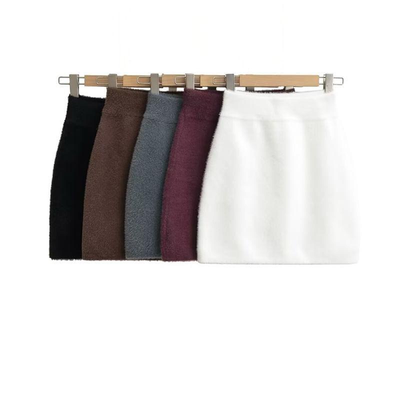 High Waist Plain Mini Knit Skirt Product Image