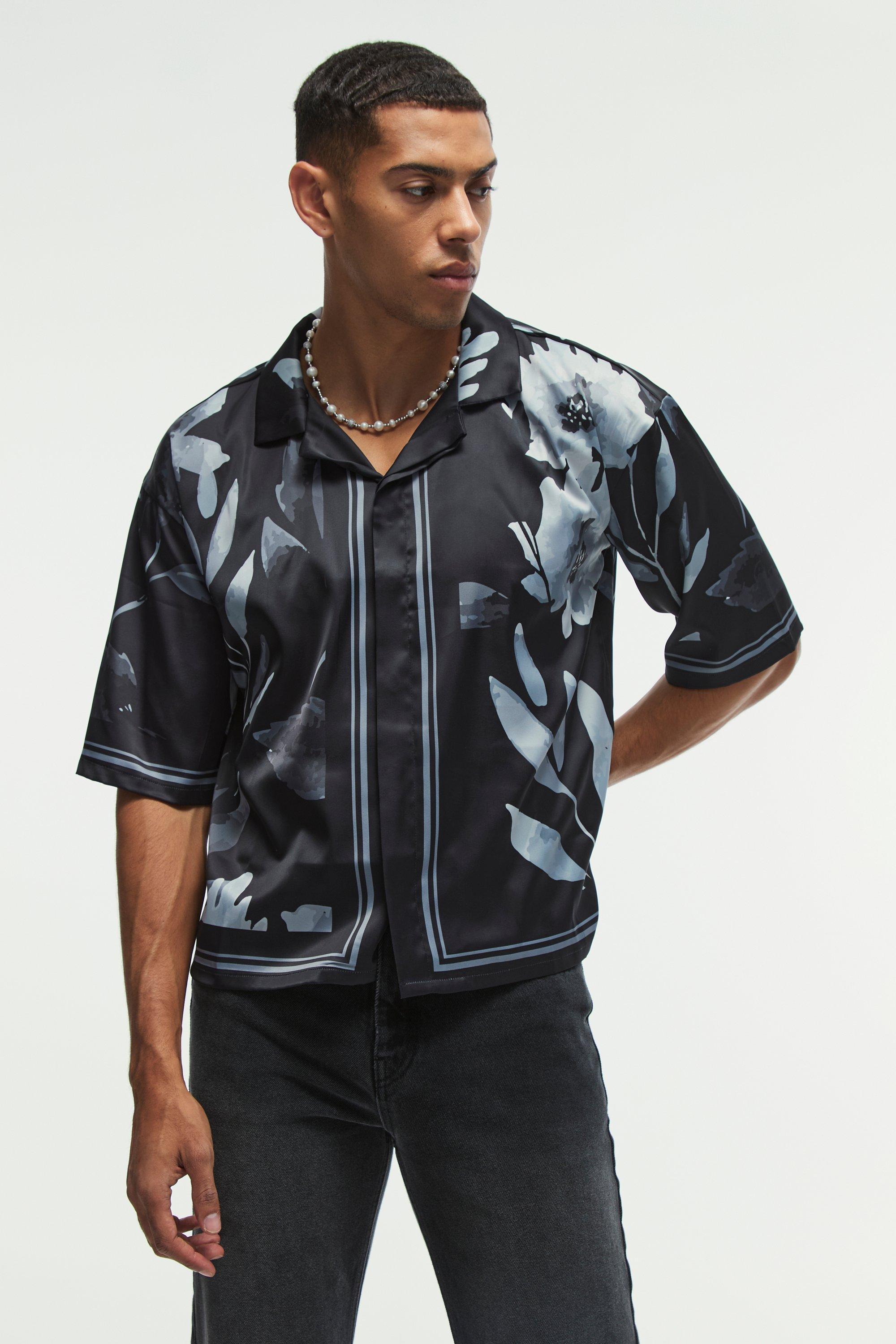 Oversized Flower Printed Satin Short Sleeve Shirt | boohooMAN USA Product Image