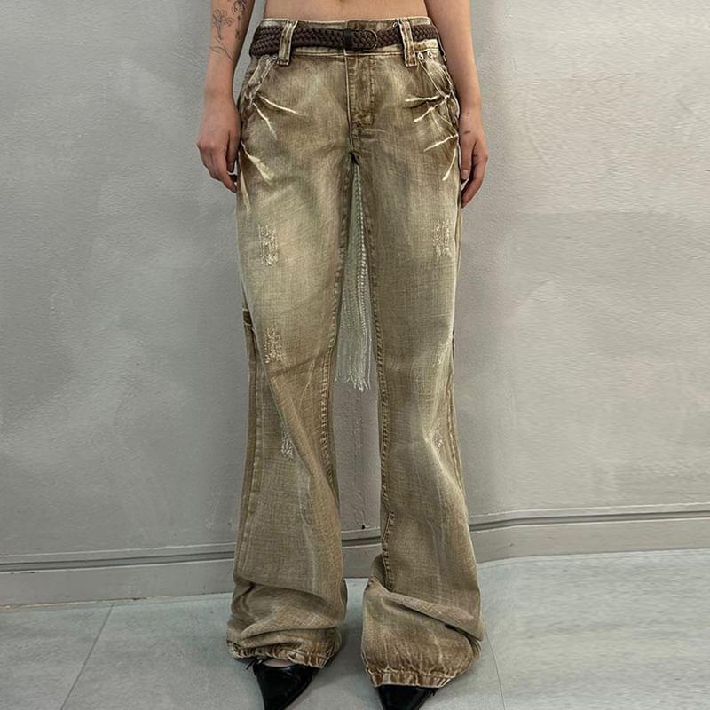 Low Rise Washed Distressed Flared Jeans Product Image