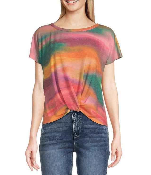 Democracy Abstract Tie Dye Print Crew Neck Short Sleeve Twist Front Hem Knit Top Product Image