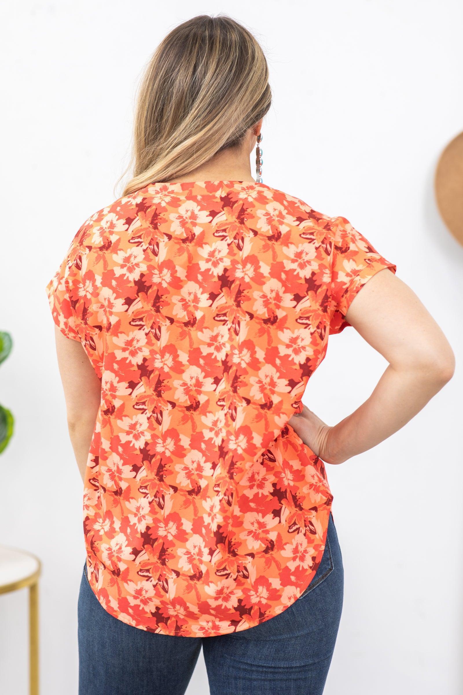 Orange Floral Print Dolman Sleeves Woven Top Product Image