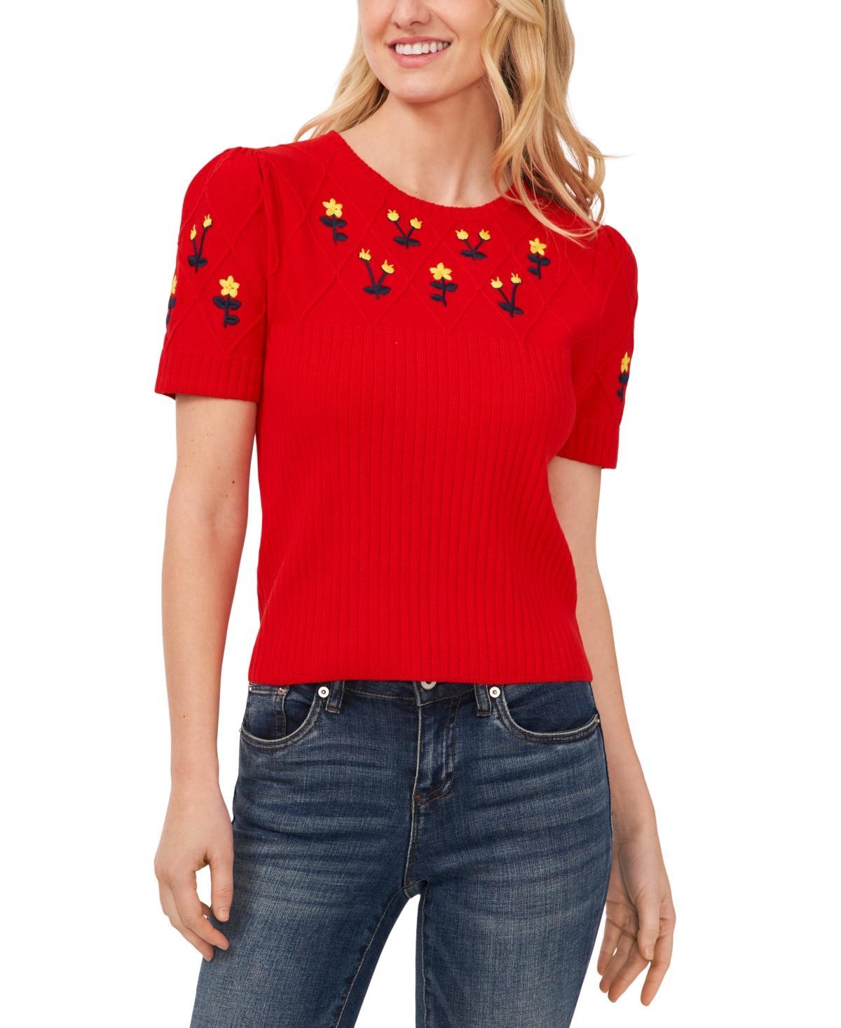 Women's Crewneck Flower Embroidered Short Sleeve Cotton Sweater Product Image