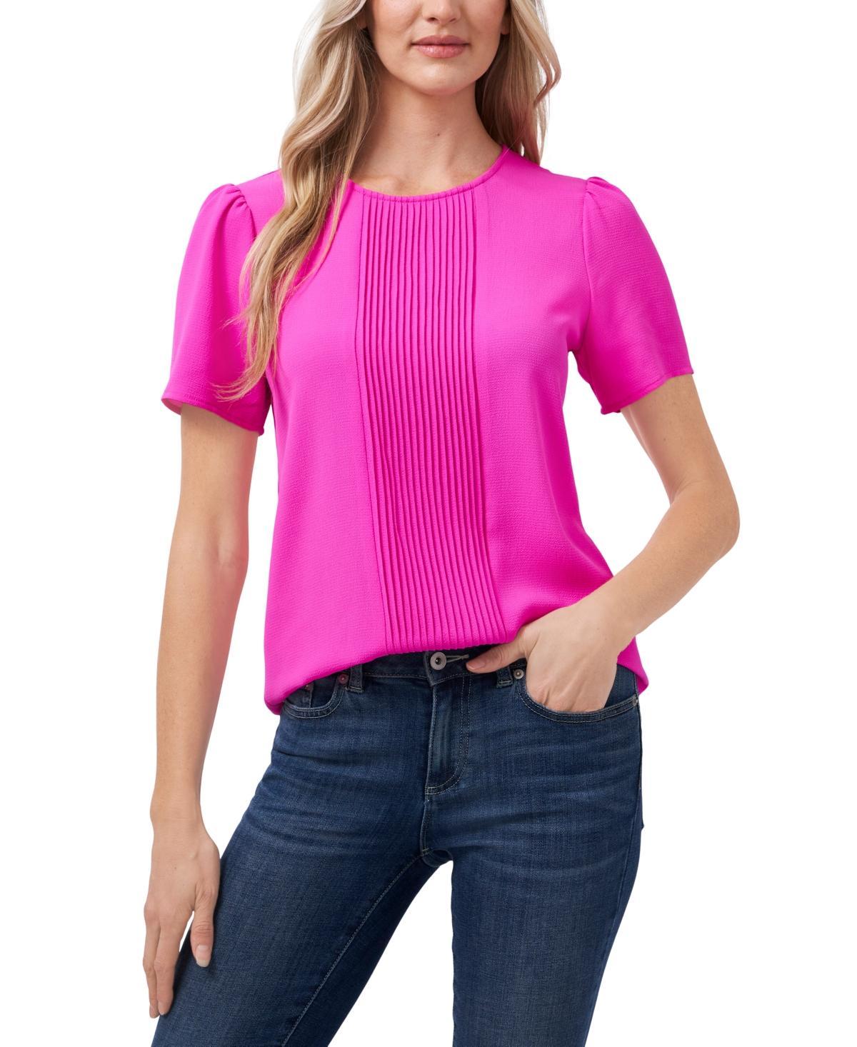 CeCe Womens Pintucked Front Short Sleeve Crew Neck Blouse Product Image