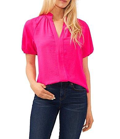 CeCe Drapey Gauze Ruffled Split V-Neck Short Puffed Sleeve Blouse Product Image