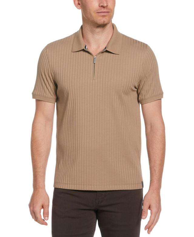 Perry Ellis Mens Slim-Fit Ribbed-Knit 1/4-Zip Polo Shirt Product Image