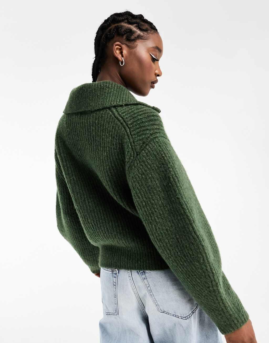 Weekday Bea zip through high neck cardigan in dark green melange Product Image