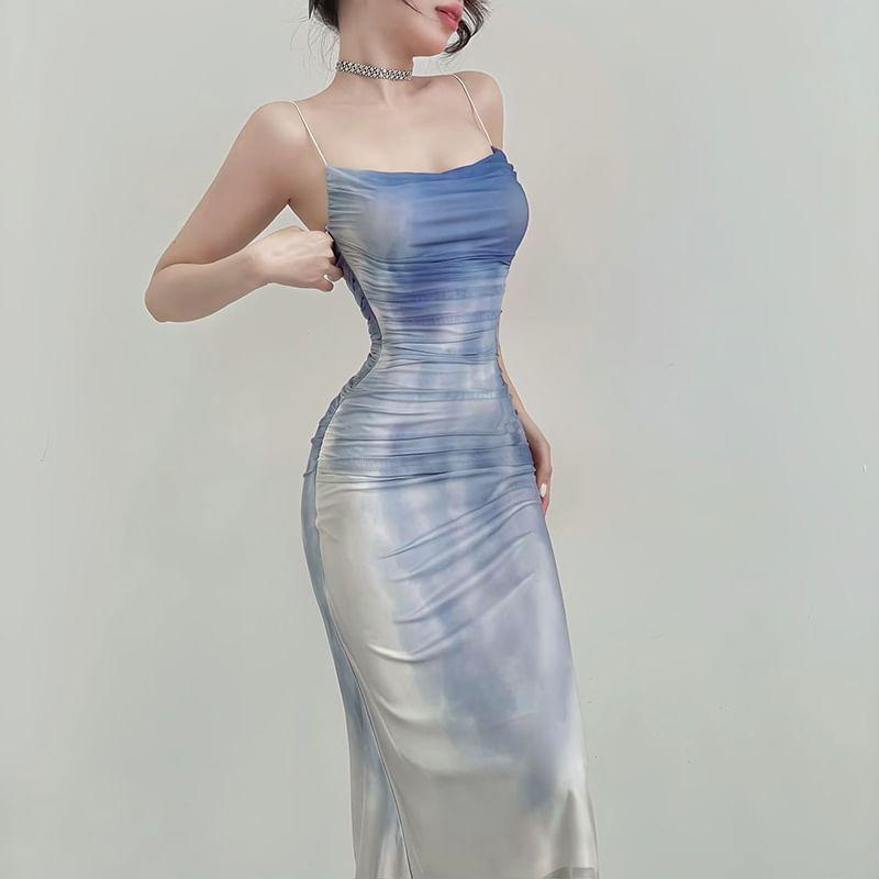 Spaghetti Strap Tie Dye Mesh Maxi Sheath Dress Product Image