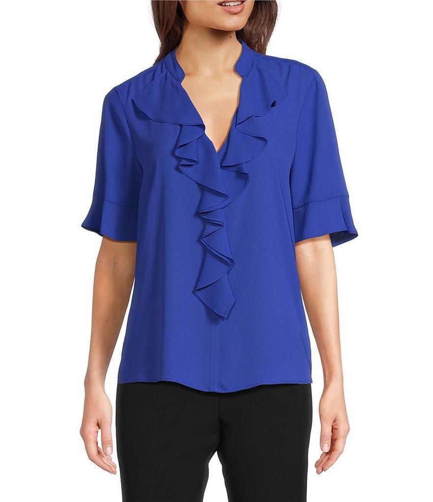 KARL LAGERFELD PARIS Ruffle Front V-Neck Short Flare Sleeve Blouse Product Image