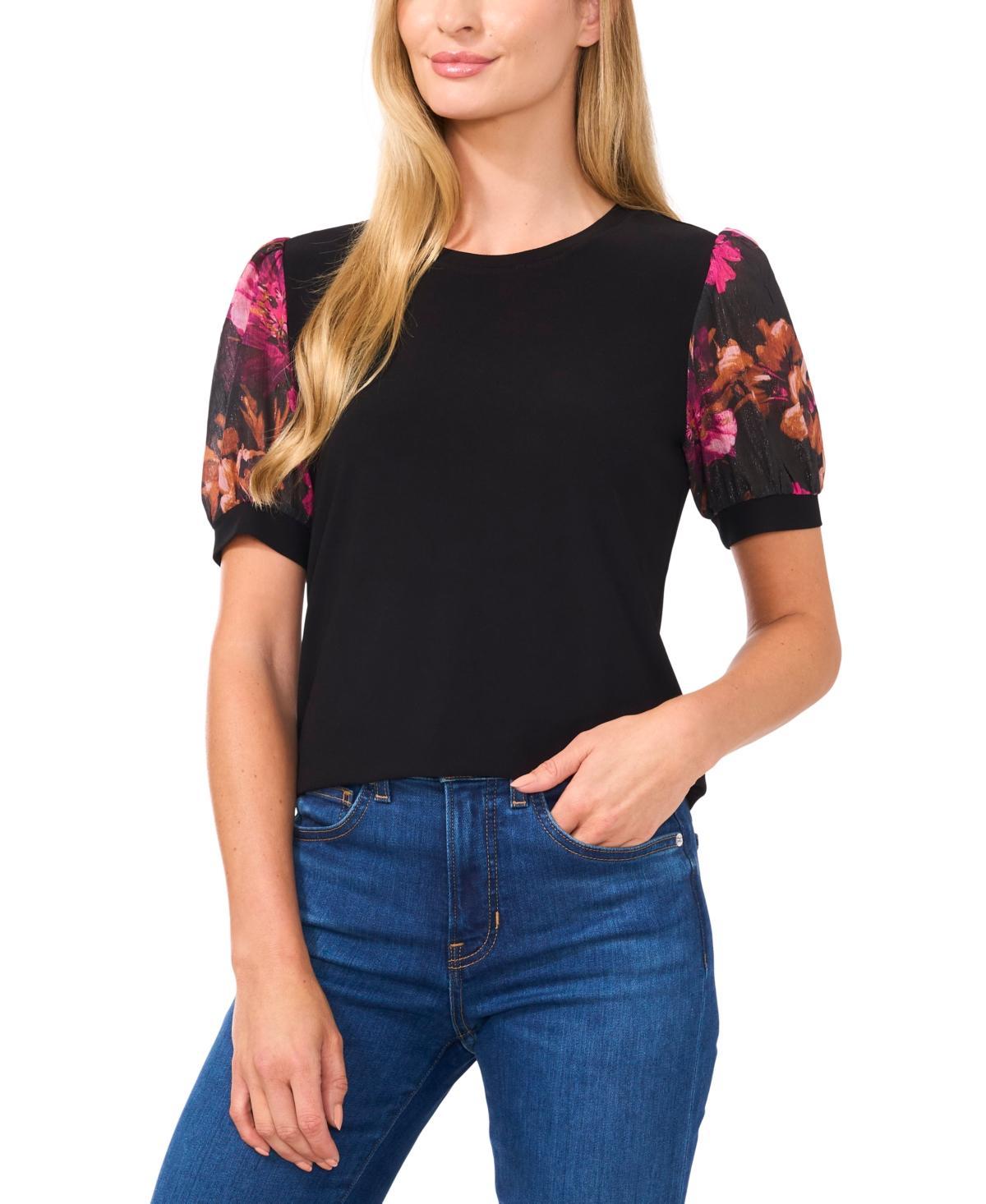 CeCe Womens Floral Puff-Sleeve Blouse Product Image